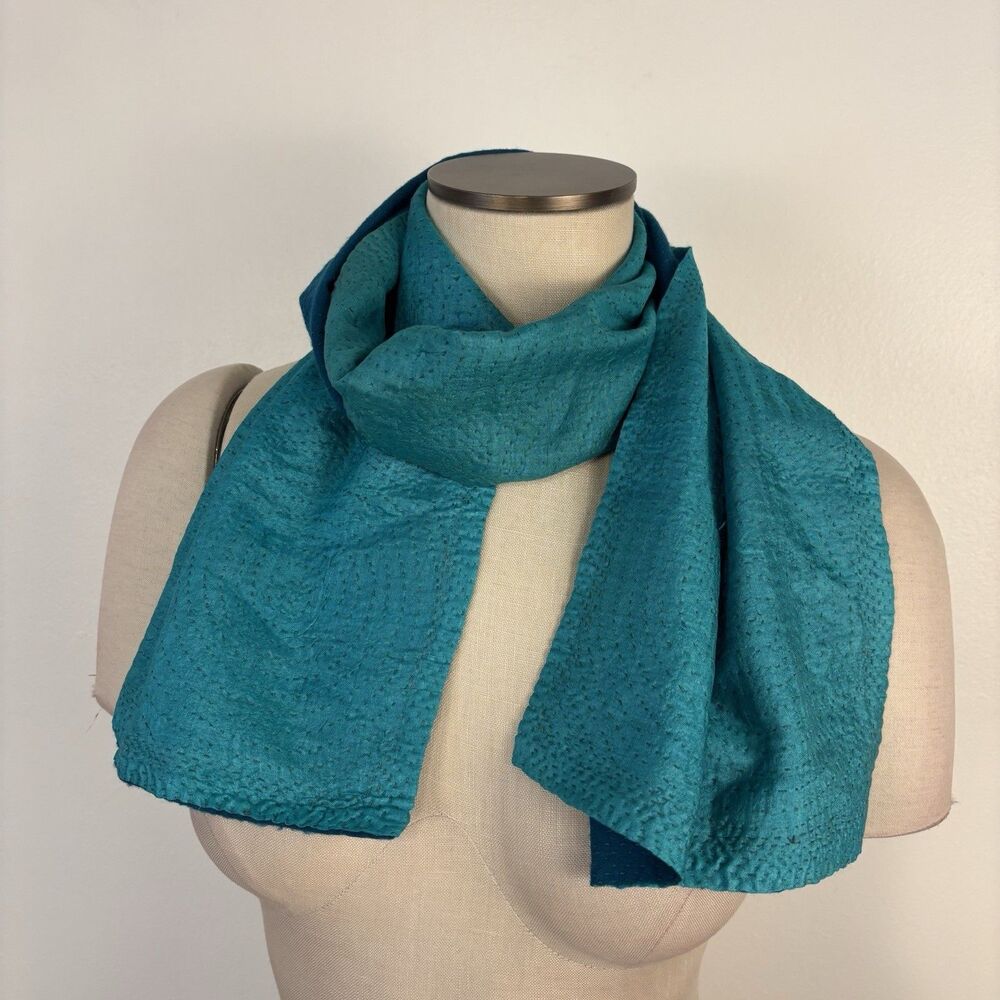 Dosa Hand-Stitched Kantha Silk Scarf Teal and Cerulean Reversible Christina Kim - Picture 3 of 11